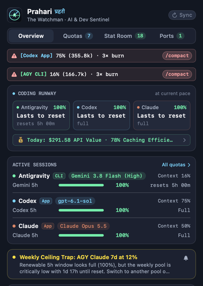 Prahari's Overview: coding runway for Antigravity, Codex and Claude, and the active sessions